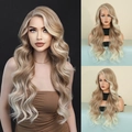Long wavy ombre brown synthetic lace front wig with side part worn by model - 70cm / Beige Brown Ombre Beige White