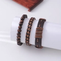 Three-piece set of woven leather and wood bead bracelets in punk retro style - Three-Piece Set / Brown