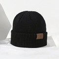 Classic black knitted beanie with a leather W patch, warm winter hat for men and women - One Size / Black