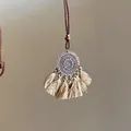 Collier avec pendentif fleur ethnique, franges beige et cordon marron ajustable - 2# Collier-Café Clair-Rond