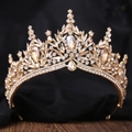 Elegant gold bridal crown featuring intricate crystal leaves and baroque rhinestones - KC Gold White & Champagne Rhinestone