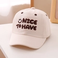 Detailed close-up of cream cotton baseball cap with embroidered smiley face and text - 52cm (2-5 Years) / Off White