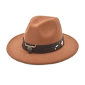 Brown wool fedora with bull head metal ornament and colorful floral embroidery - M (56-58cm) / Khaki