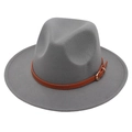 Detail of dark grey fedora hat with felt texture and brown leather belt buckle strap - Kids One Size (54cm) / Gray