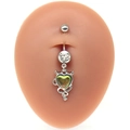 Close-up of devil heart navel ring with green gemstone and white crystal on skin model - Silver Green Devil Heart Style (#15)