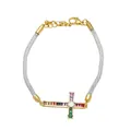 Detail of gold-plated cross bracelet featuring colorful cubic zirconia on a mesh band - D-Silver Mesh Chain Colorful Gemstone Cross