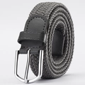 Grey elastic braided belt with silver metal buckle and dark leather detail - Gray