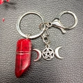 Red raw crystal column keychain with Triple Goddess and pentagram charms on leather - Red (Triple Moon)