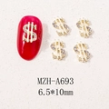 Detailed view of 3D dollar sign nail charms with crystals on a red manicured nail - Gold Hollow Rhinestone Dollar Symbol (A693)