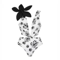 Costume intero con stampa floreale bianca e nera, fiore 3D e ritagli in vita eleganti - S / Costume Intero Bianco