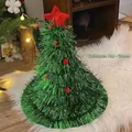 Christmas tree shaped hat with green tinsel, red star topper and festive ornaments - Double Layer Green Without Light