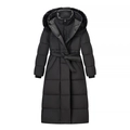 Damen Winterparka in Schwarz, lang geschnitten mit Pelzkapuze und Taillengürtel Design - S / Schwarz