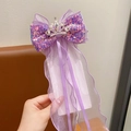 Barrette de princesse violette étincelante avec nœud pailleté, couronne et longs rubans - Violet
