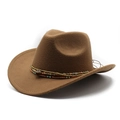 Détail d'un chapeau de cowboy marron en laine avec des bandes de perles colorées - Kaki