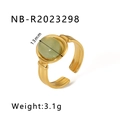 Macro view of gold stainless steel ring with 13mm oval green natural stone and ribbed band - Adjustable Open / Green Oval Gemstone Style (NB-R2023298)