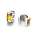 Polished stainless steel hoop earrings with amber yellow rectangular faceted gemstones - Steel Yellow (KE108278-TGD)