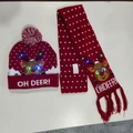 Red Christmas knit hat and scarf set with reindeer pattern and colorful LED lights - Maroon Reindeer-Set