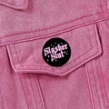 Black enamel Slasher Slut badge with pink gothic text on pink denim jacket - Black Pink Gothic Bad Word (XZ8910)