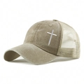 Retro washed cotton trucker hat with white cross embroidery and breathable mesh back - One Size / Khaki