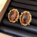 Macro shot of vintage gold earrings with tiger eye stone on black velvet display - 33# Silver Earring Post - Gold/Brown