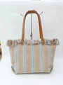 Large woven raffia beach tote bag with blue and white stripes and leather straps - Beige, Blue & White Stripes