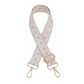 Detail of adjustable bag strap featuring beige and lavender diamond woven patterns with gold clasps - Cream Purple Rhombus