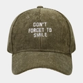 Detailed view of army green corduroy baseball cap with white smile letter embroidery - Adjustable / Army Green