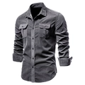Dettaglio camicia in velluto a coste grigio scuro con doppie tasche sul petto e trama - 5XL / Grigio