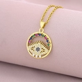 Detailed macro view of 18K gold plated evil eye pendant with colorful zircon crystals - Style H