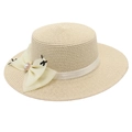 Dettaglio dell'intreccio in paglia con elegante nastro bianco e grande fiocco di perle - Taglia unica / Bianco Sporco