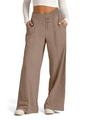 Women's brown wide leg lounge pants with drawstring waist and stitched front detail - Brown