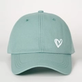 Detailed close-up of white heart embroidery on a sage green cotton baseball cap - One Size / Aqua Green