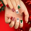 Short Christmas press-on nails with red green white glitter and rhinestone tree designs - Red Green White Gold Xmas Tree (JP2694)