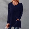 Navy blue loose fit long sleeve T-shirt with crew neck and front pockets - S / Tops / Navy Blue