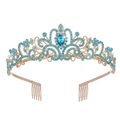 Elegant gold bridal crown with blue crystal rhinestones and side hair combs for secure fit - Gold Base Lake Blue Rhinestone