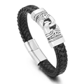 Pulsera de cuero trenzado negro para hombre con anillos grabados en acero inoxidable plata - Color Acero (KB162372)