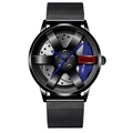 Men's quartz watch with black car wheel rim dial design and blue brake caliper detail - Metal Mesh / Blue