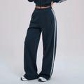 Pantalones deportivos anchos azul oscuro con rayas laterales blancas y cintura alta elástica - L / Azul marino