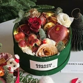 Dark green velvet round box with red roses, champagne roses, apple and LED lights - Christmas Velvet Gift Box [Green]