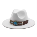 White wool Fedora hat with bohemian style ethnic band and turquoise stone accent - M (56-58cm) / White