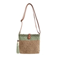 Handmade woven crossbody bag in sage green and khaki with tassel and leather strap - Small / Green