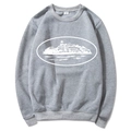 Men's grey crewneck sweatshirt with white island architectural print in size M - Light Gray