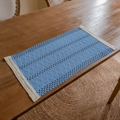 Sky blue knitted table runner with geometric lace pattern and white edge for dining decor - Woven Blue