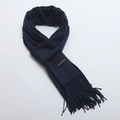 Dark blue cashmere blend long scarf with tassels and embroidered label for winter - Navy Blue