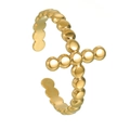 Detailed close-up of a gold-plated beaded cross ring with an adjustable open band design - Adjustable Open / Gold