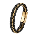 Men's retro punk woven leather bracelet with double titanium steel chains and gold magnetic clasp - Gold + Black