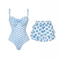 Bikini due pezzi con stampa a cuori blu, top con fiocco e pantaloncini con volant - S / Costume da bagno intero blu con pantaloncini