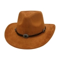 Classic tan suede fedora jazz hat with western style metal buckles and black band - J Peach Cow Style / Khaki (Three Silver Conchos)