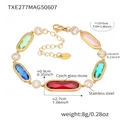 Golden stainless steel bracelet with multi-color oval glass stones and zircon accents - Colorful