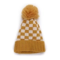 Kids checkered knit beanie with pompom and ear protection for winter warmth - Ginger Yellow